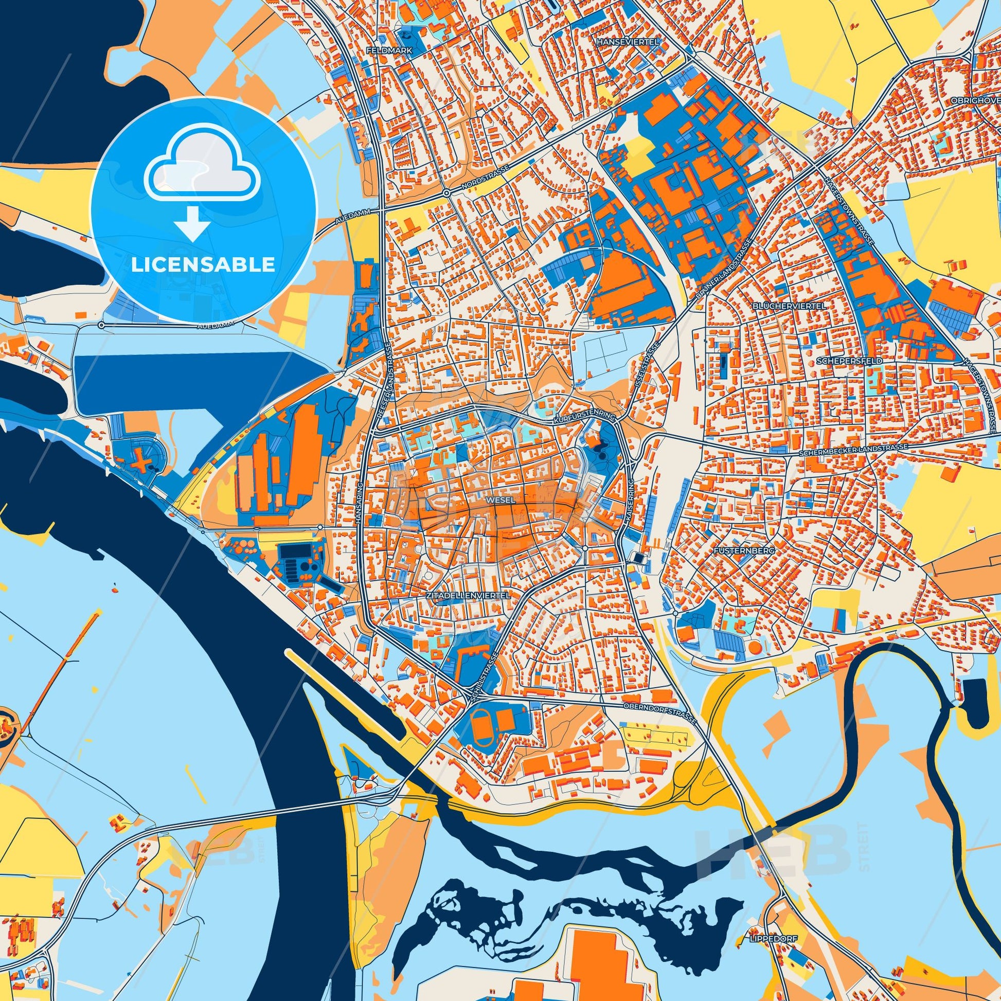 Colorful Wesel Street Map with Labels and Buildings