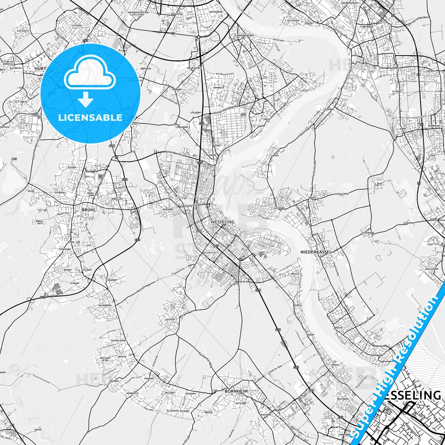 Wesseling, Germany light map with streetnames, citynames and districts
