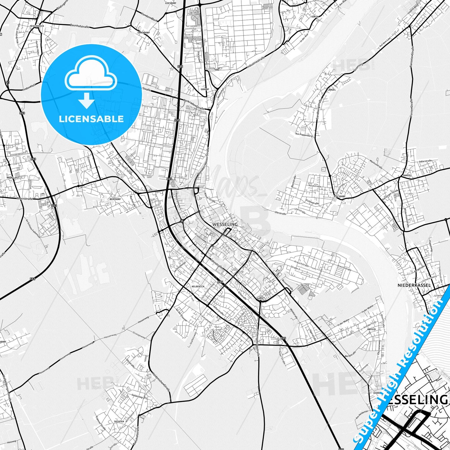 Wesseling, Germany Light Map with Street Names, City Names, and Districts