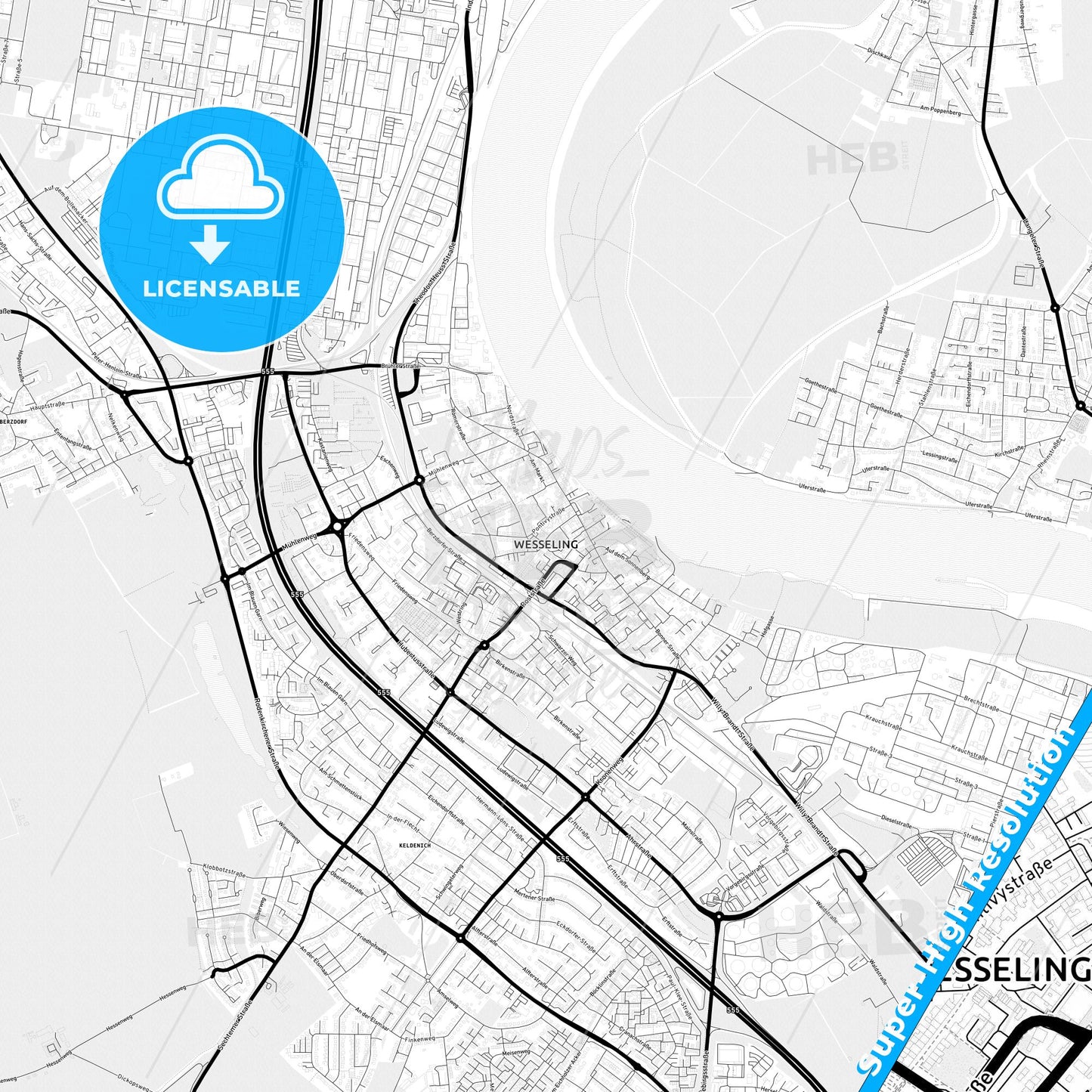 Wesseling, Germany Light Map with Street Names, City Names, and Districts