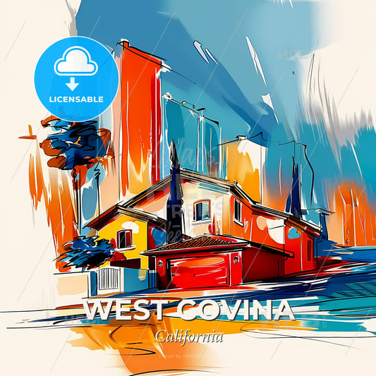 Vibrant West Covina, California - A Painting Of A House With A Red Garage - Square format print template
