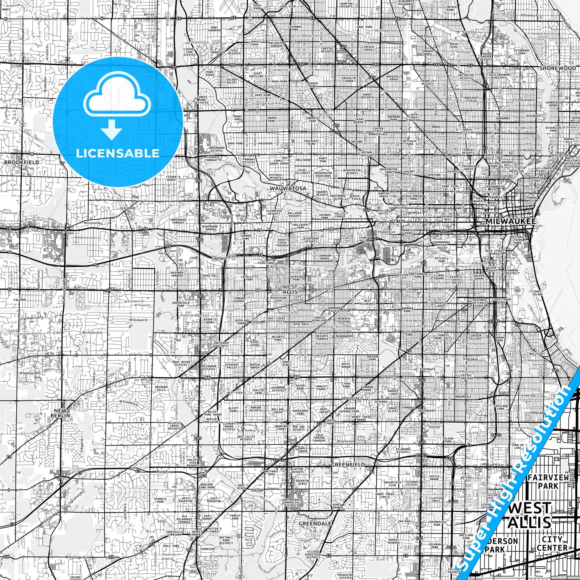 West Allis, Wisconsin light map with streetnames, citynames and districts