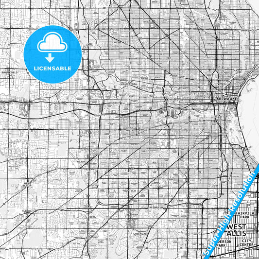 West Allis, Wisconsin light map with streetnames, citynames and districts