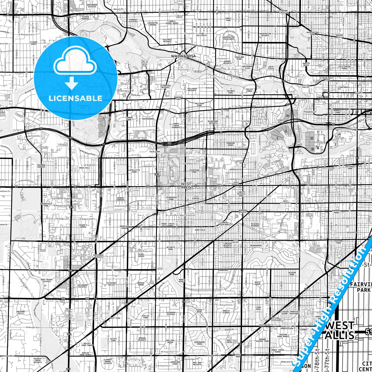 West Allis, Wisconsin Light Map with Street Names, City Names, and Districts