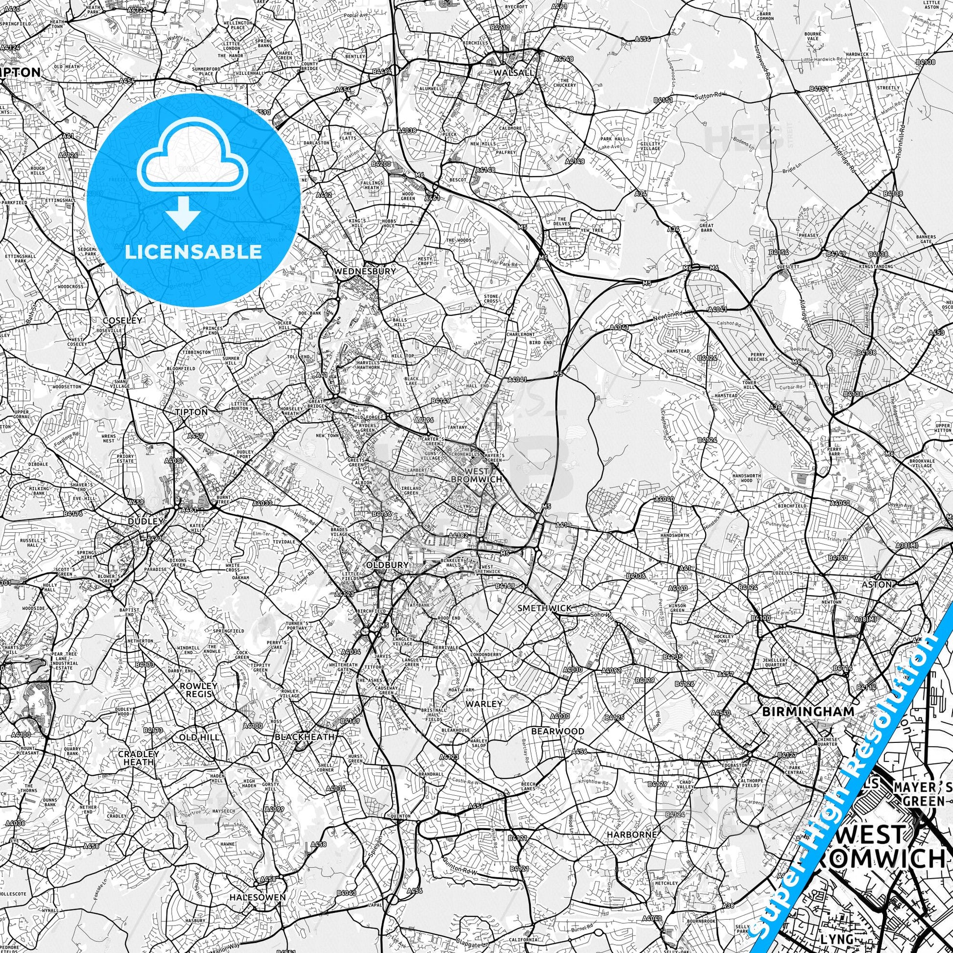 West Bromwich, England light map with streetnames, citynames and districts