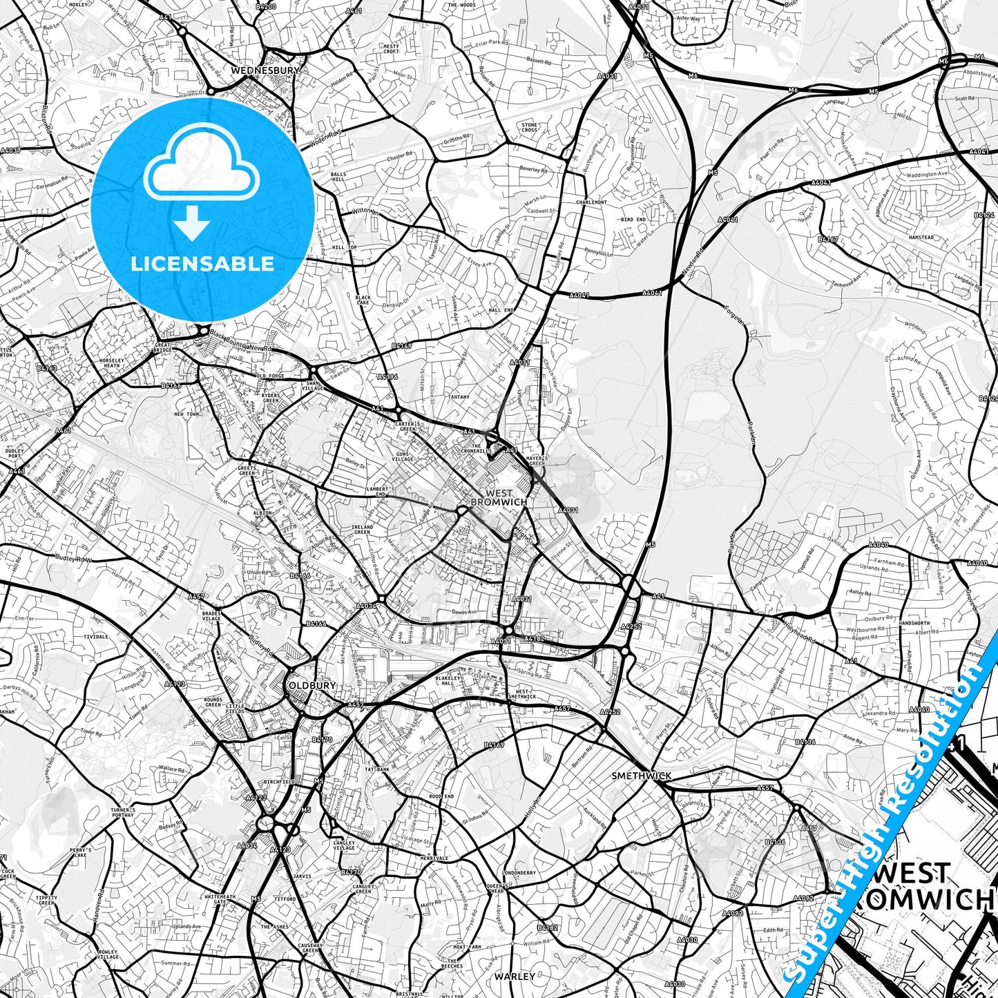 West Bromwich, England Light Map with Street Names, City Names, and Districts