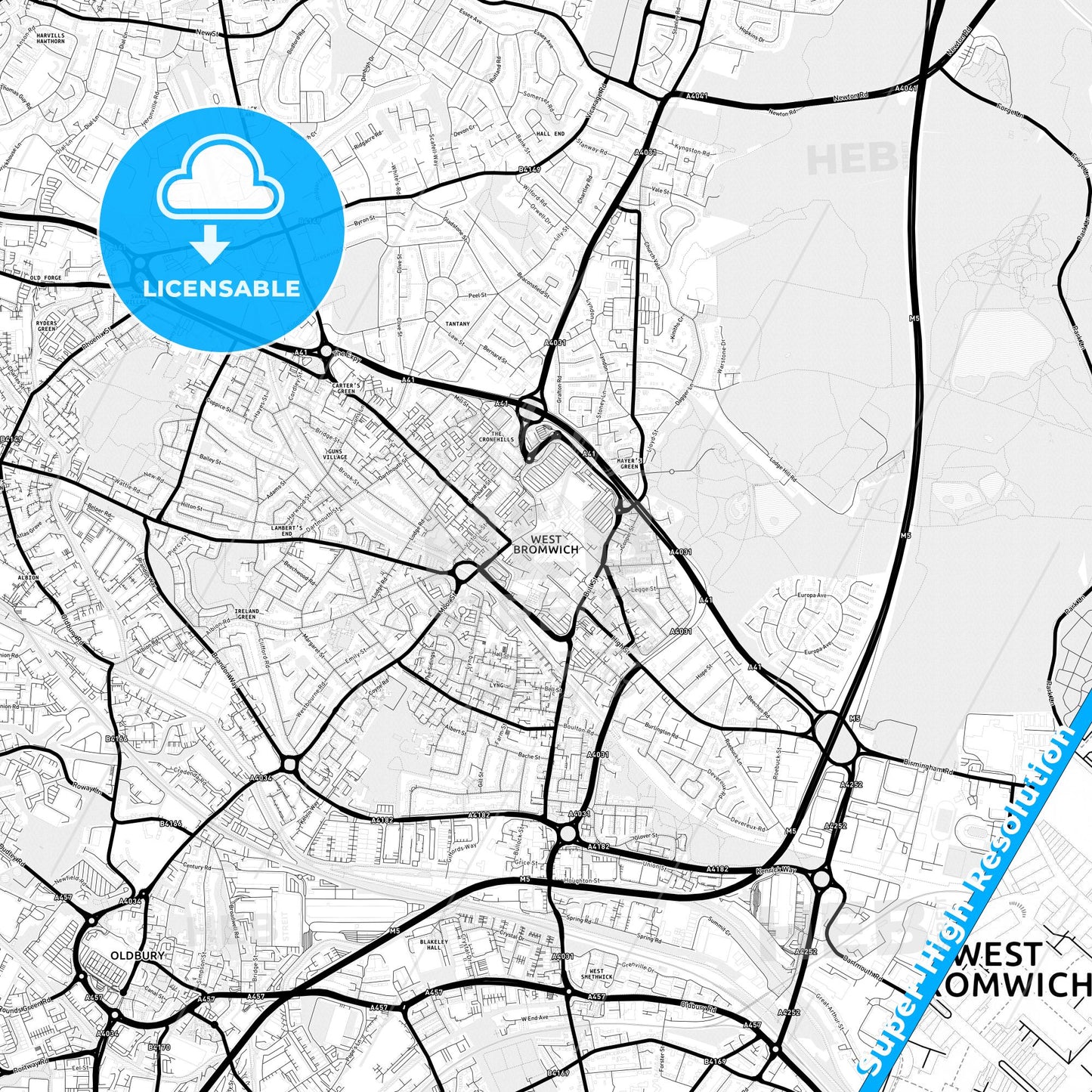 West Bromwich, England Light Map with Street Names, City Names, and Districts
