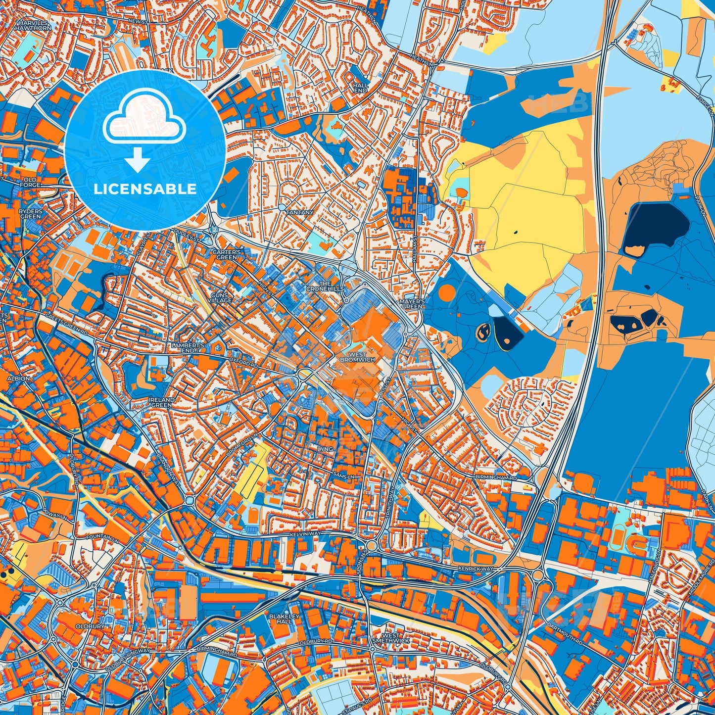 Colorful West Bromwich Street Map with Labels and Buildings