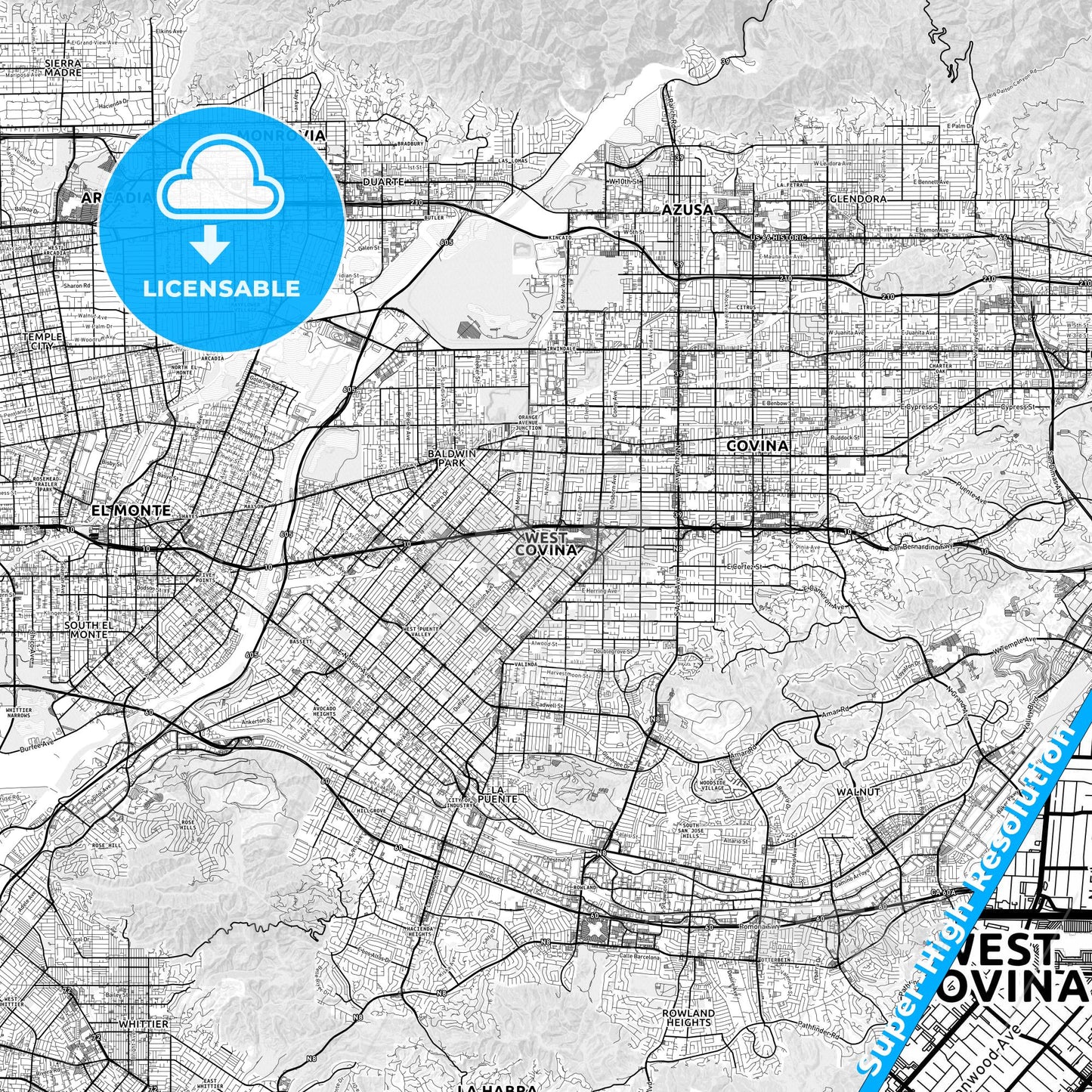 West Covina, California light map with streetnames, citynames and districts