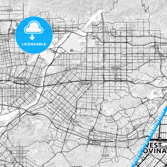 West Covina, California light map with streetnames, citynames and districts