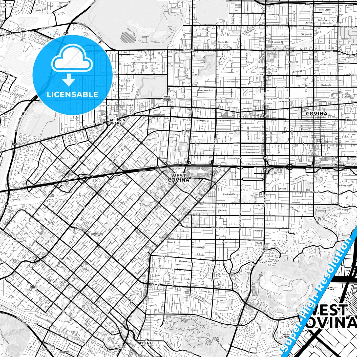 West Covina, California Light Map with Street Names, City Names, and Districts