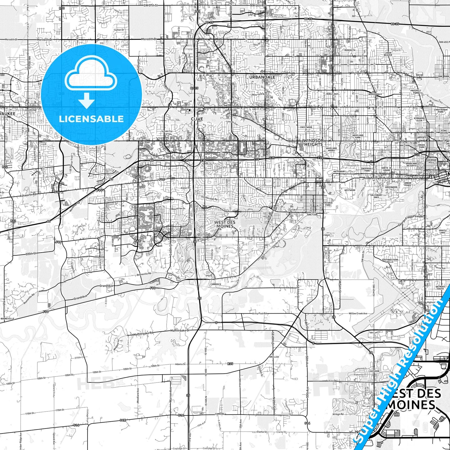 West Des Moines, Iowa light map with streetnames, citynames and districts
