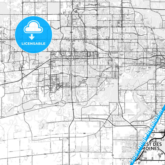 West Des Moines, Iowa light map with streetnames, citynames and districts