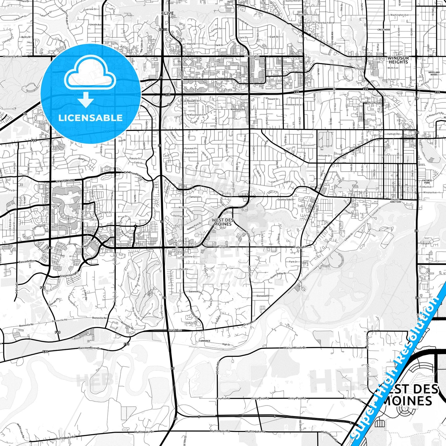 West Des Moines, Iowa Light Map with Street Names, City Names, and Districts
