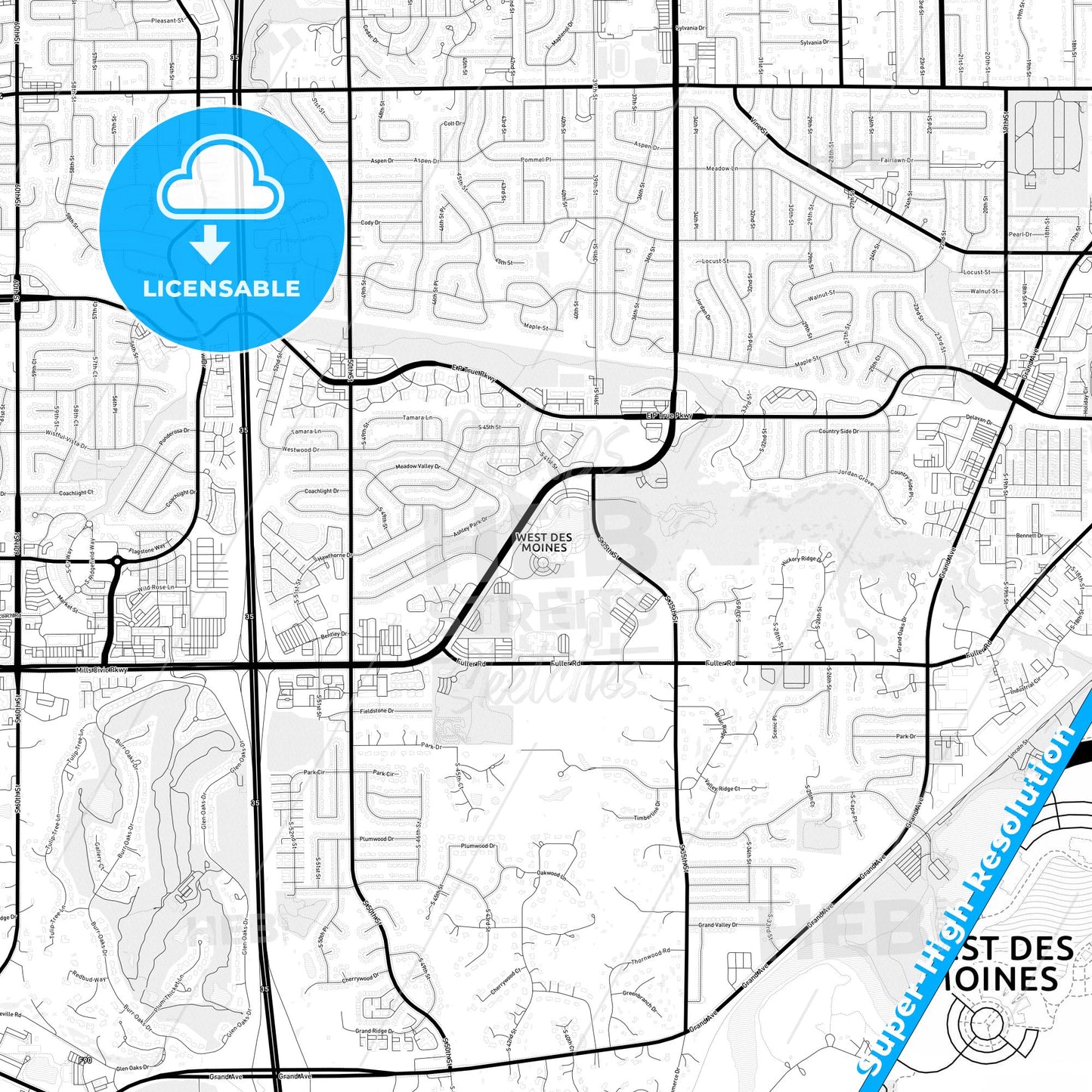 West Des Moines, Iowa Light Map with Street Names, City Names, and Districts