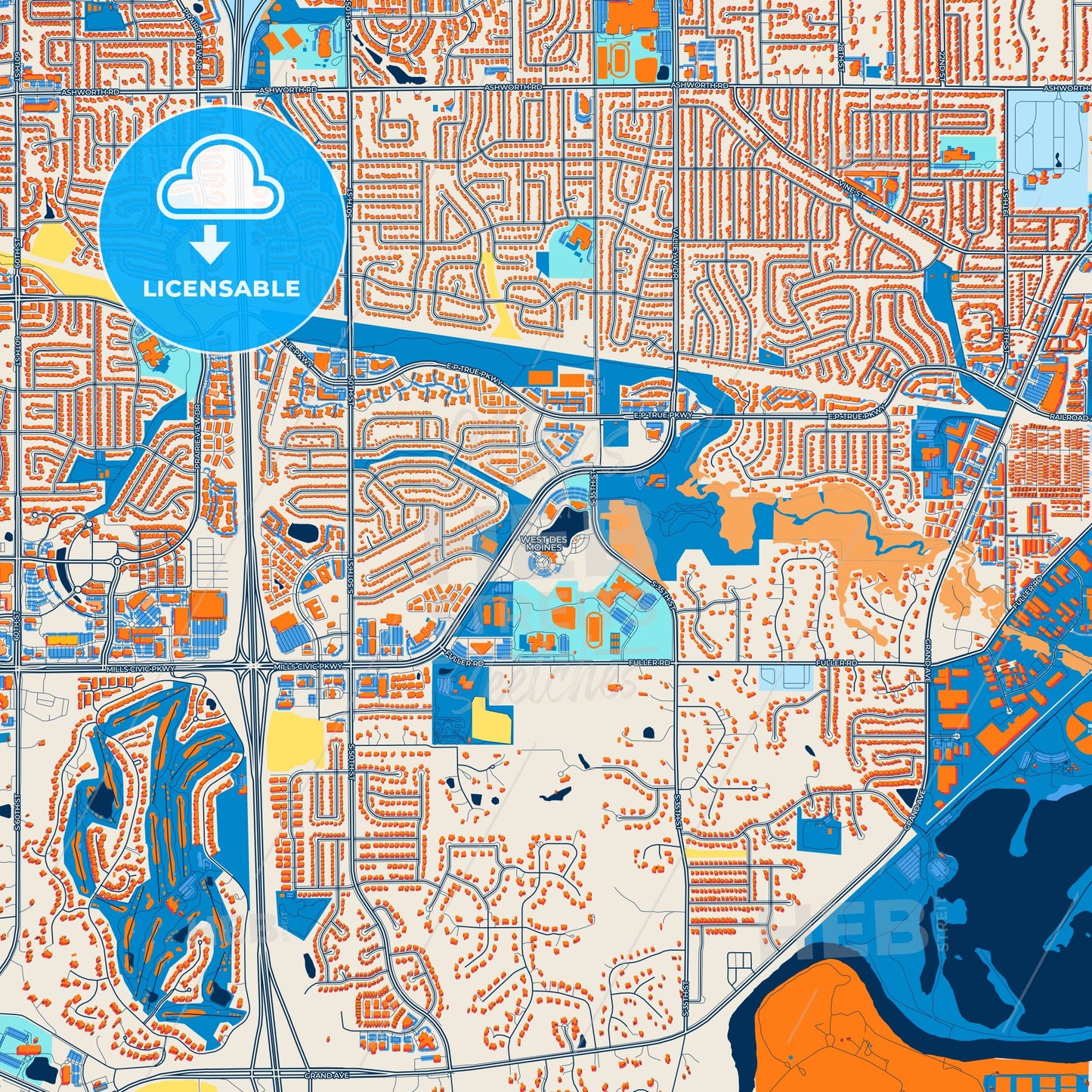 Colorful West Des Moines Street Map with Labels and Buildings