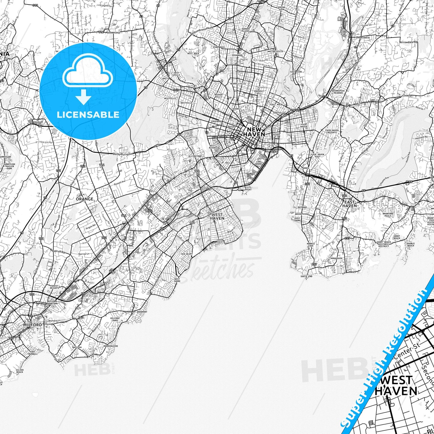 West Haven, Connecticut light map with streetnames, citynames and districts