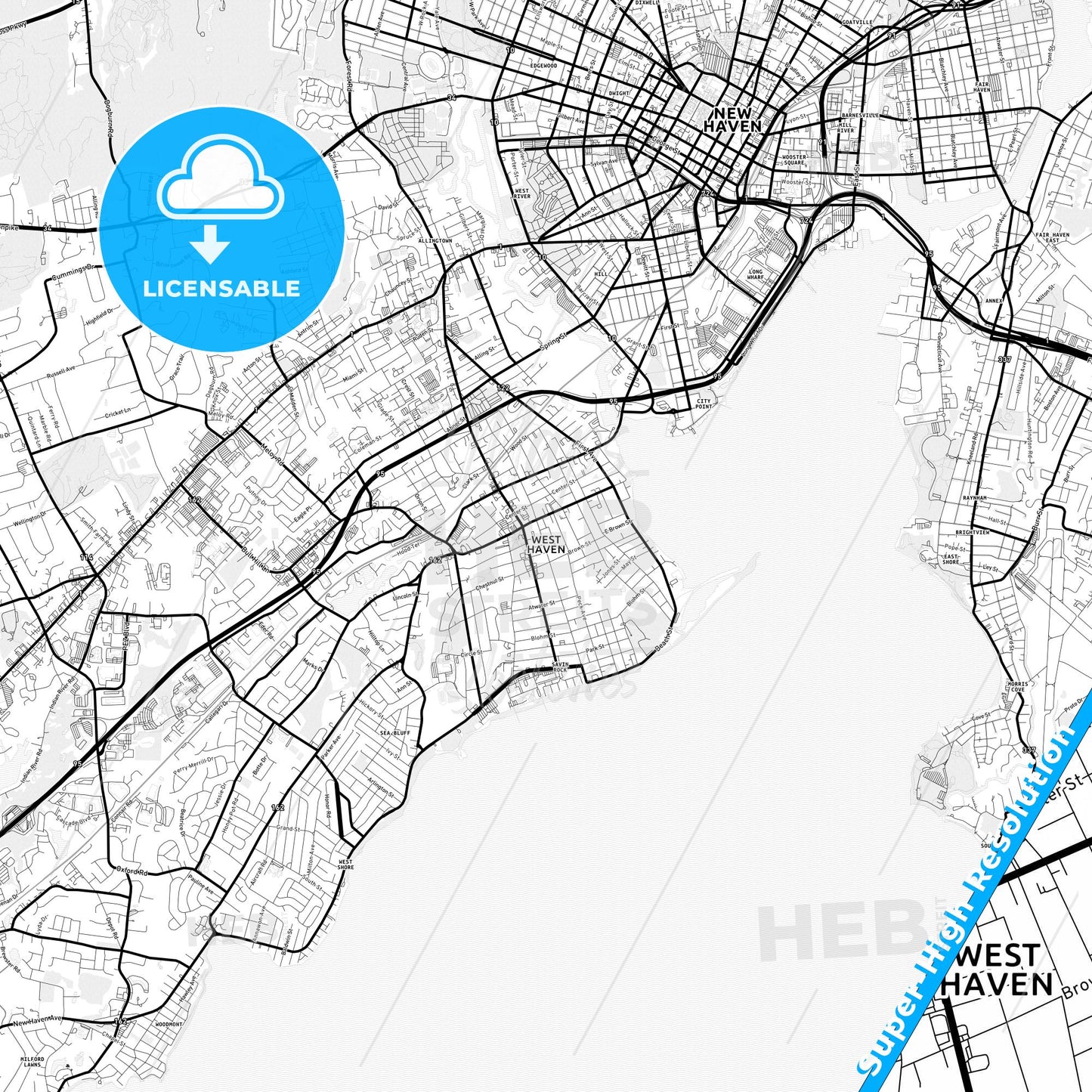 West Haven, Connecticut Light Map with Street Names, City Names, and Districts