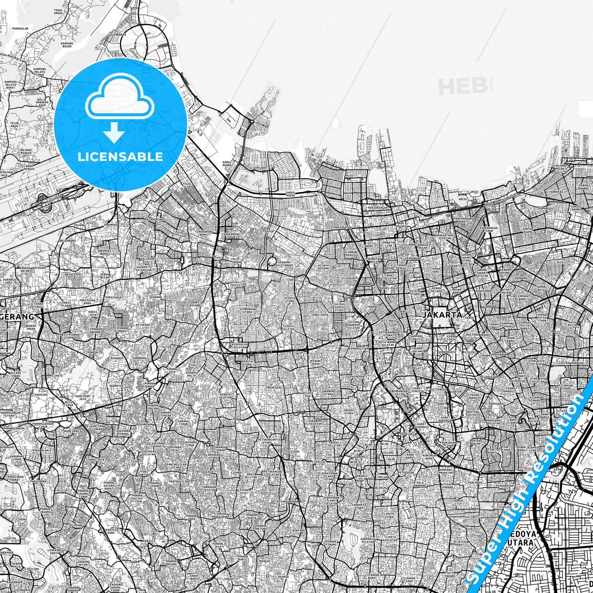 West Jakarta, Indonesia light map with streetnames, citynames and districts