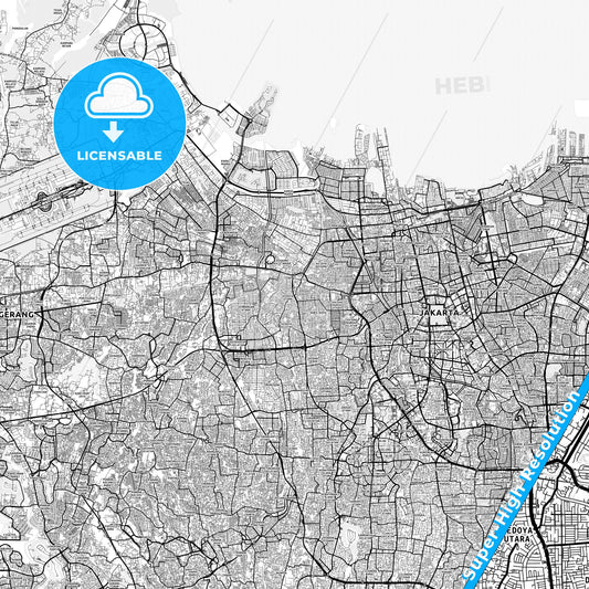 West Jakarta, Indonesia light map with streetnames, citynames and districts