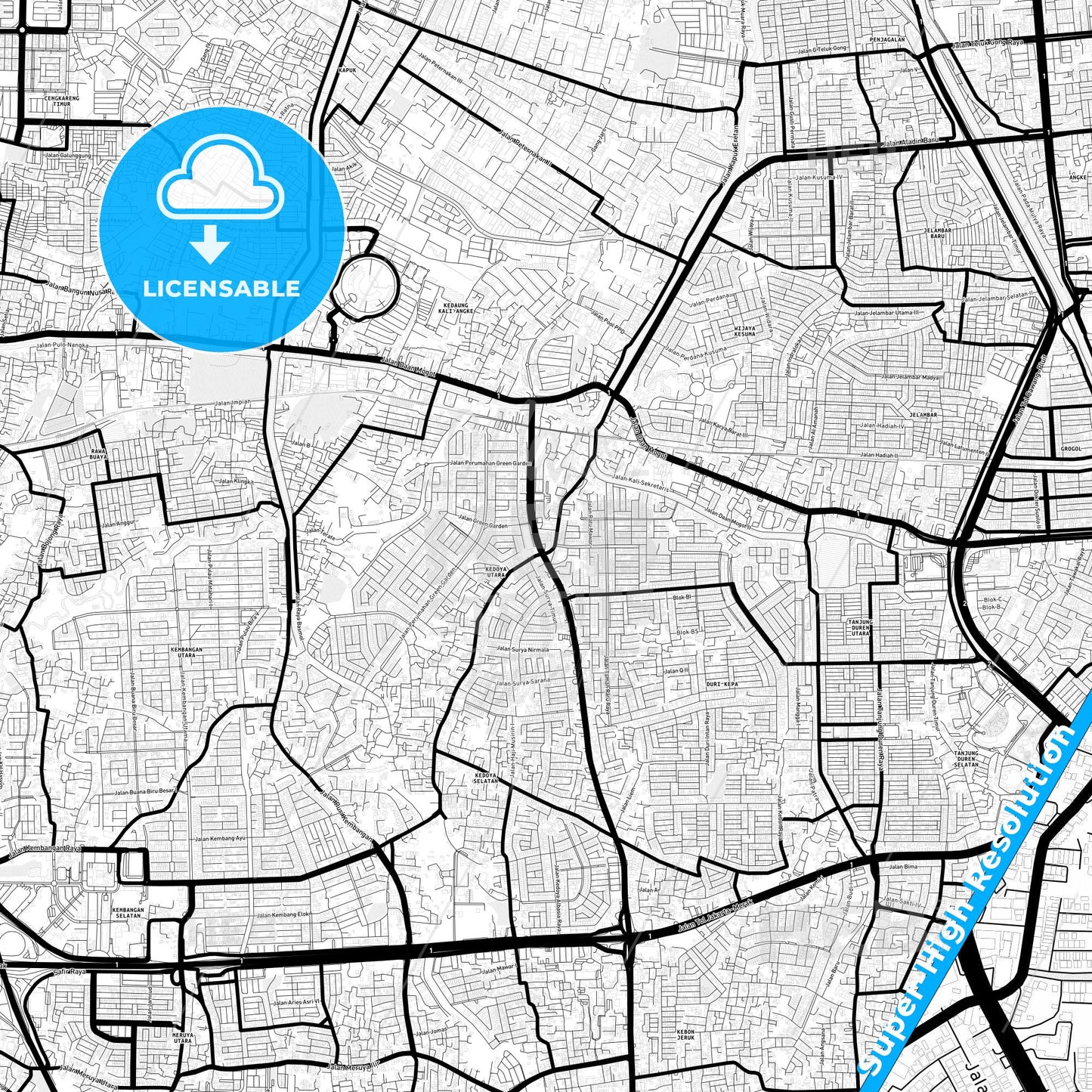 West Jakarta, Indonesia Light Map with Street Names, City Names, and Districts