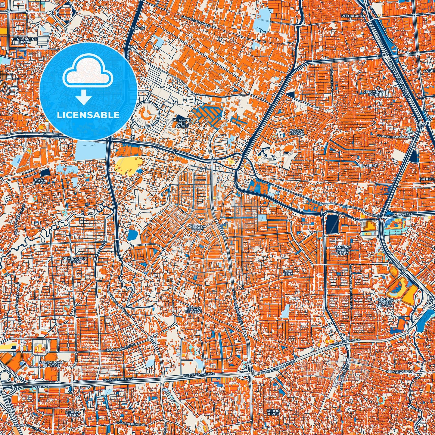 Colorful West Jakarta Street Map with Labels and Buildings