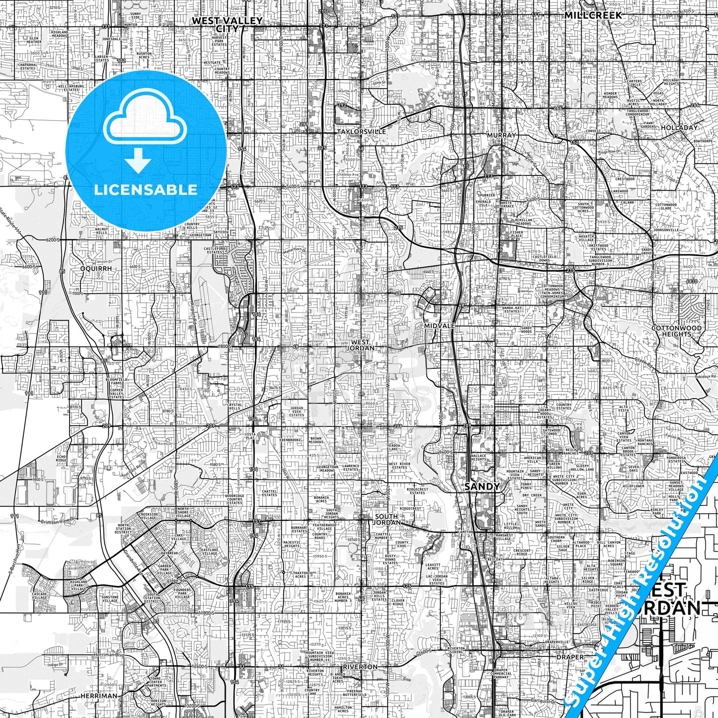 West Jordan, Utah light map with streetnames, citynames and districts