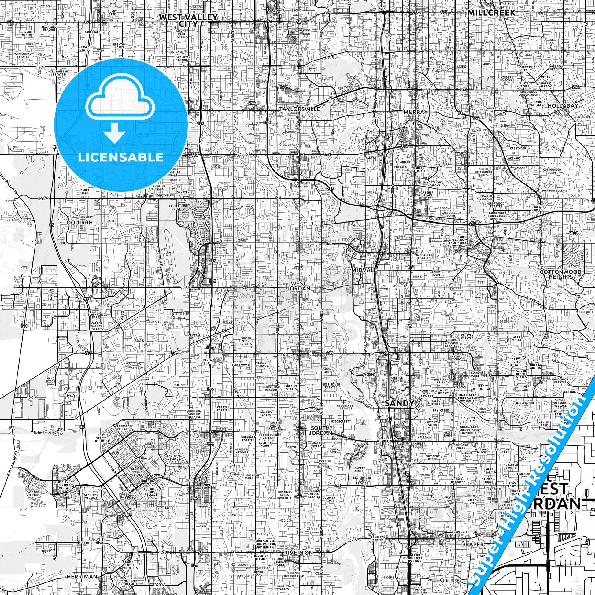 West Jordan, Utah light map with streetnames, citynames and districts