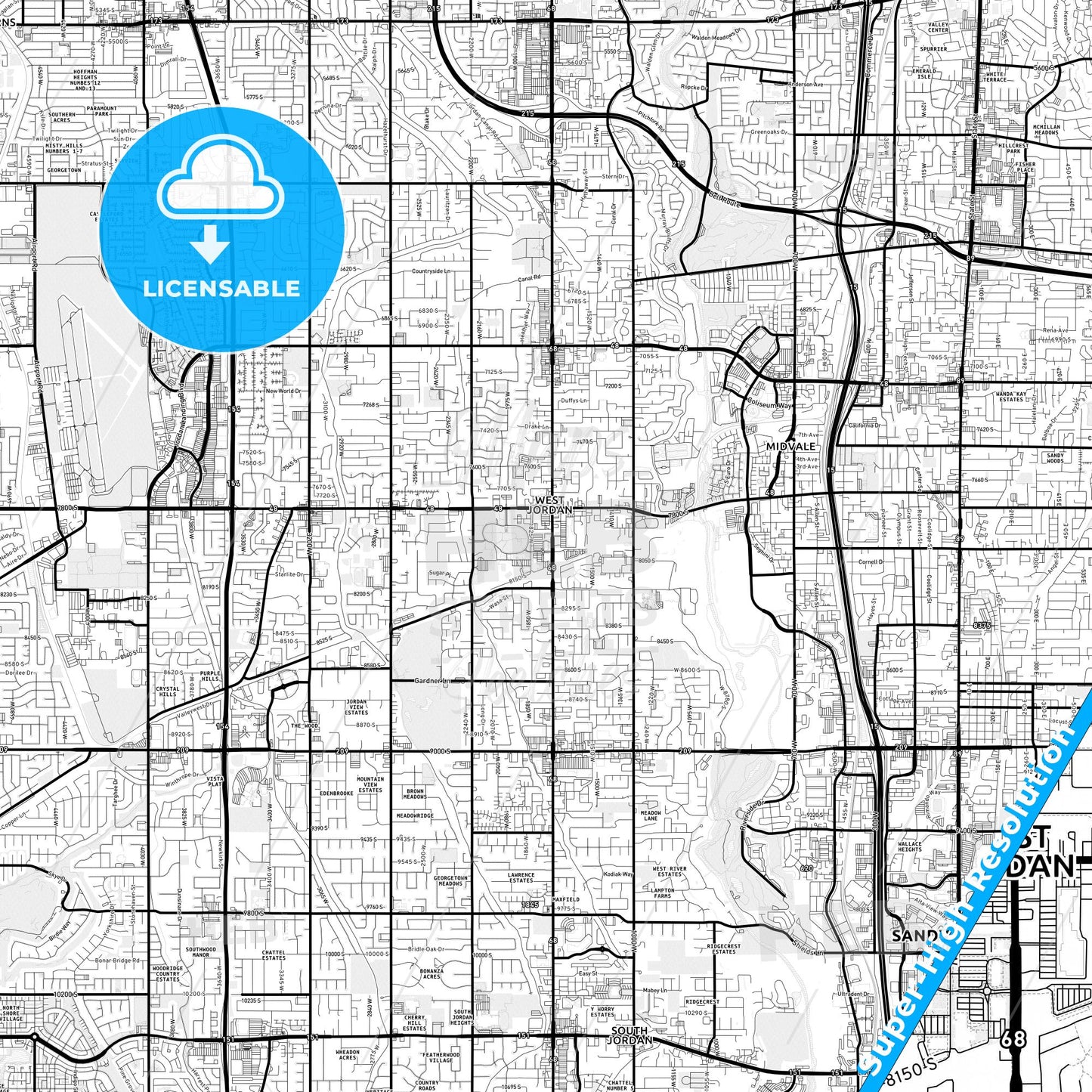 West Jordan, Utah Light Map with Street Names, City Names, and Districts