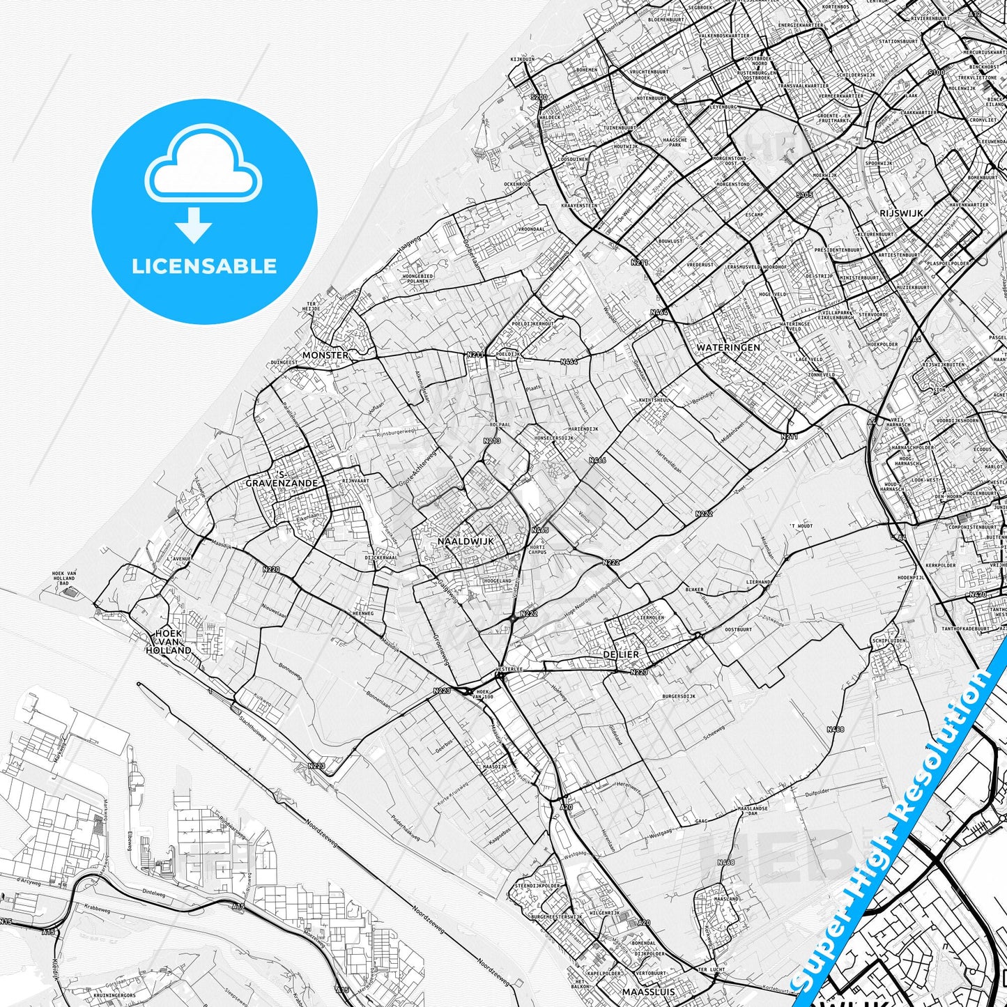 Westland, Netherlands light map with streetnames, citynames and districts