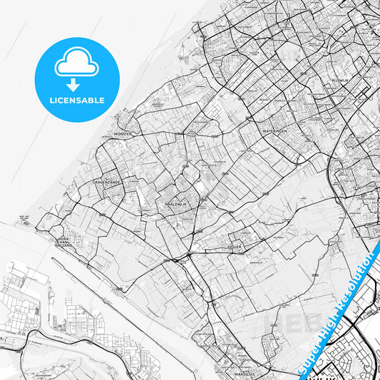 Westland, Netherlands light map with streetnames, citynames and districts