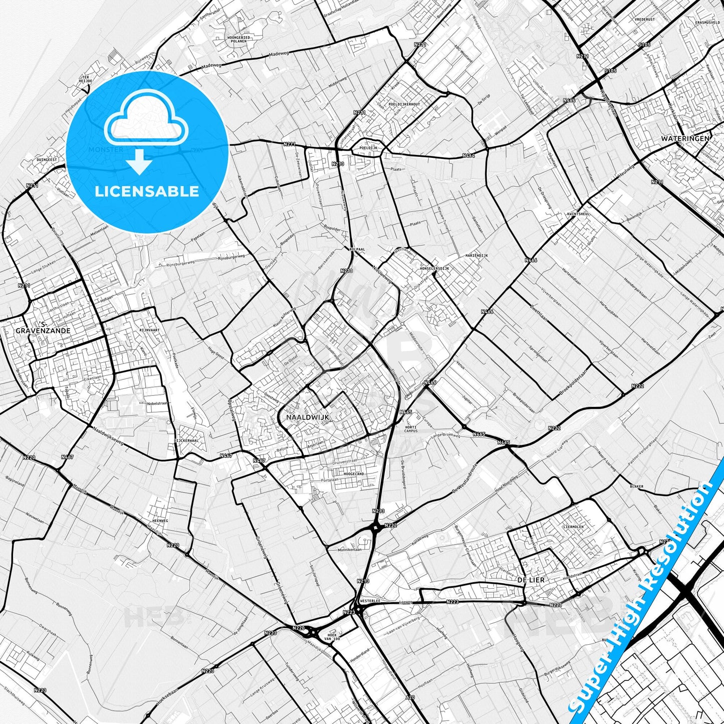 Westland, Netherlands Light Map with Street Names, City Names, and Districts