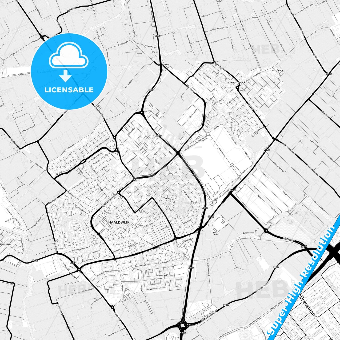 Westland, Netherlands Light Map with Street Names, City Names, and Districts
