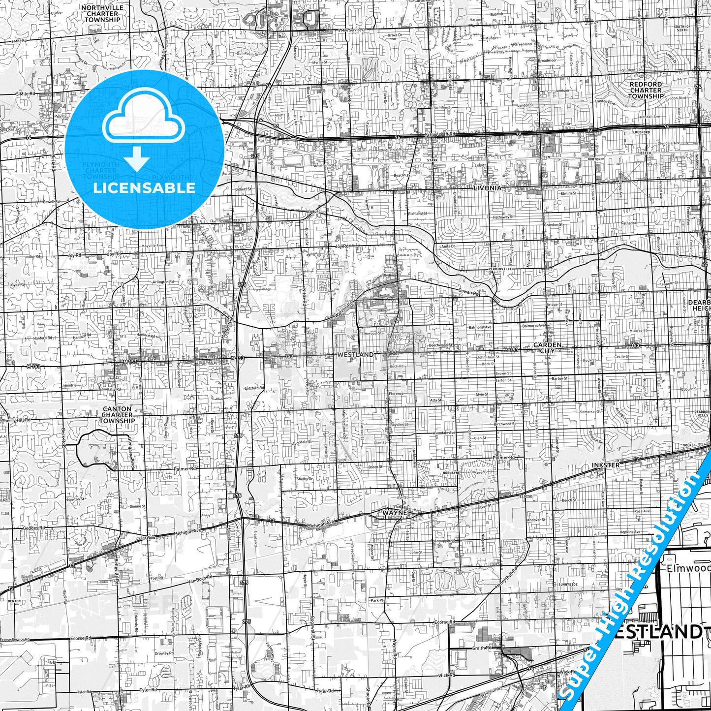 Westland, Michigan light map with streetnames, citynames and districts