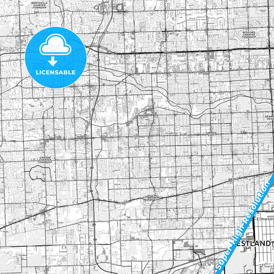 Westland, Michigan light map with streetnames, citynames and districts