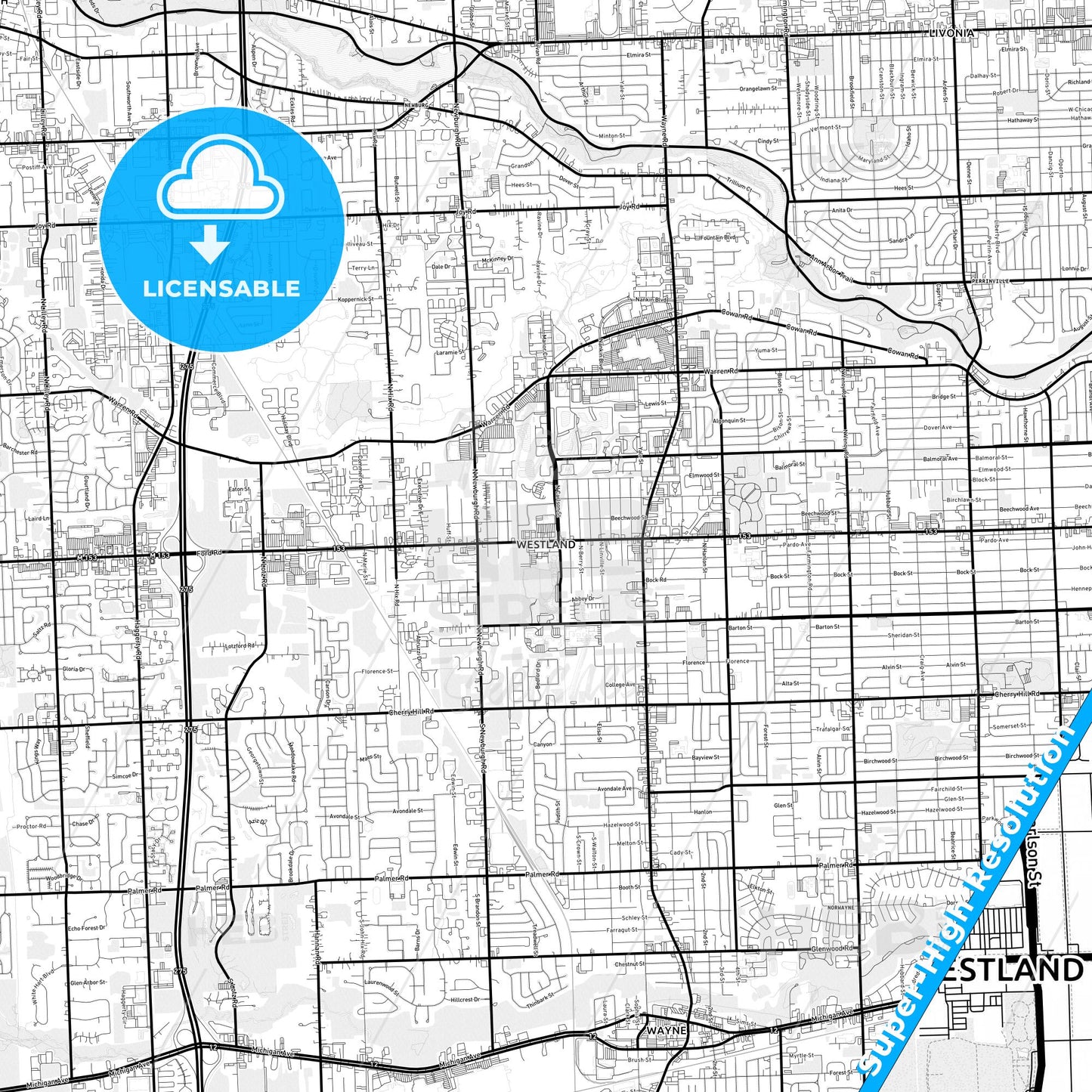 Westland, Michigan Light Map with Street Names, City Names, and Districts
