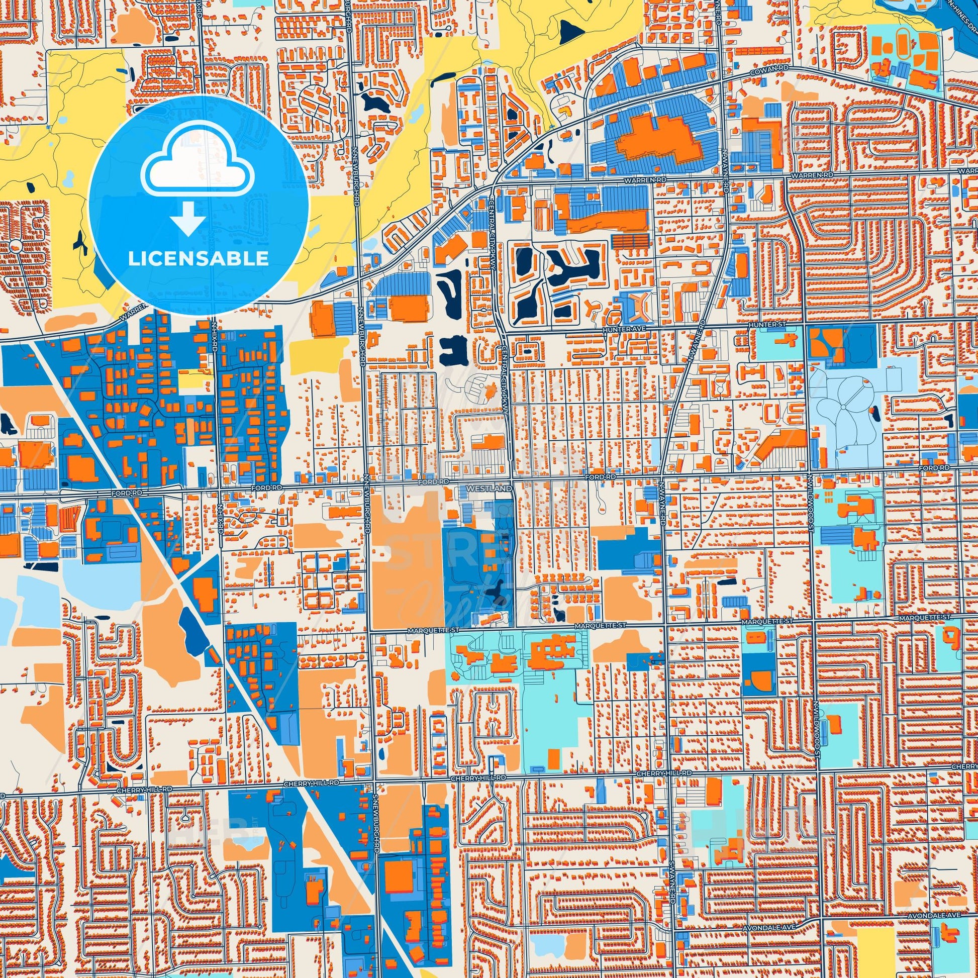 Colorful Westland Street Map with Labels and Buildings