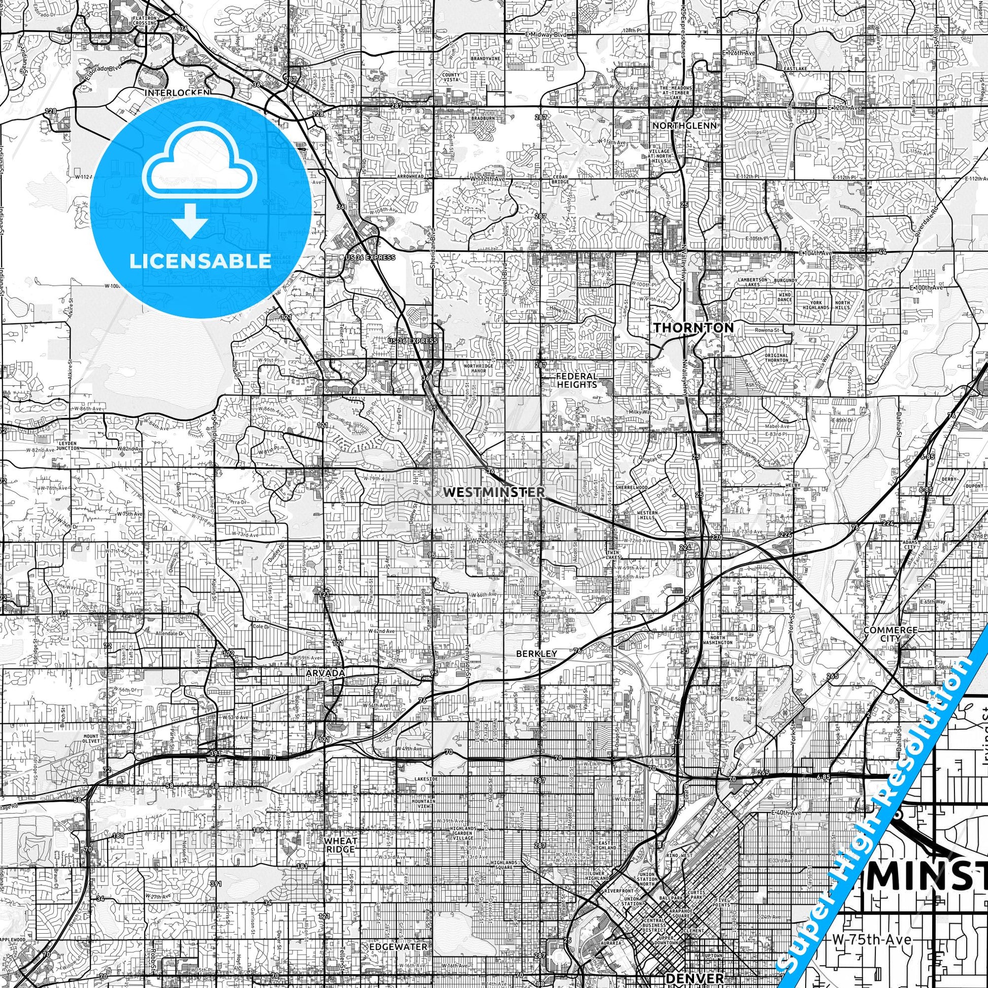 Westminster, Colorado light map with streetnames, citynames and districts