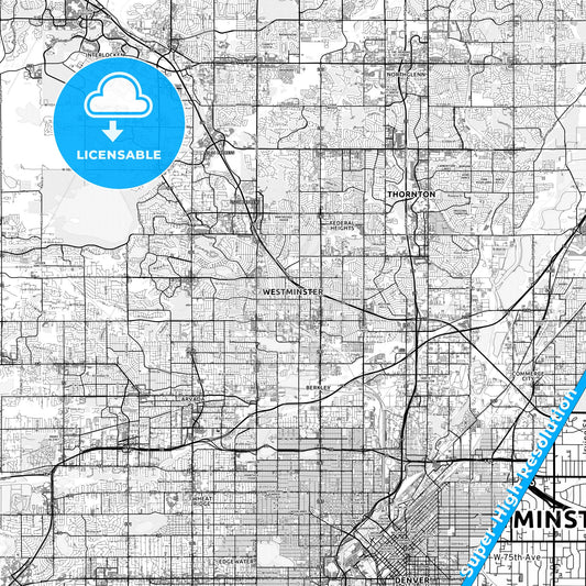 Westminster, Colorado light map with streetnames, citynames and districts