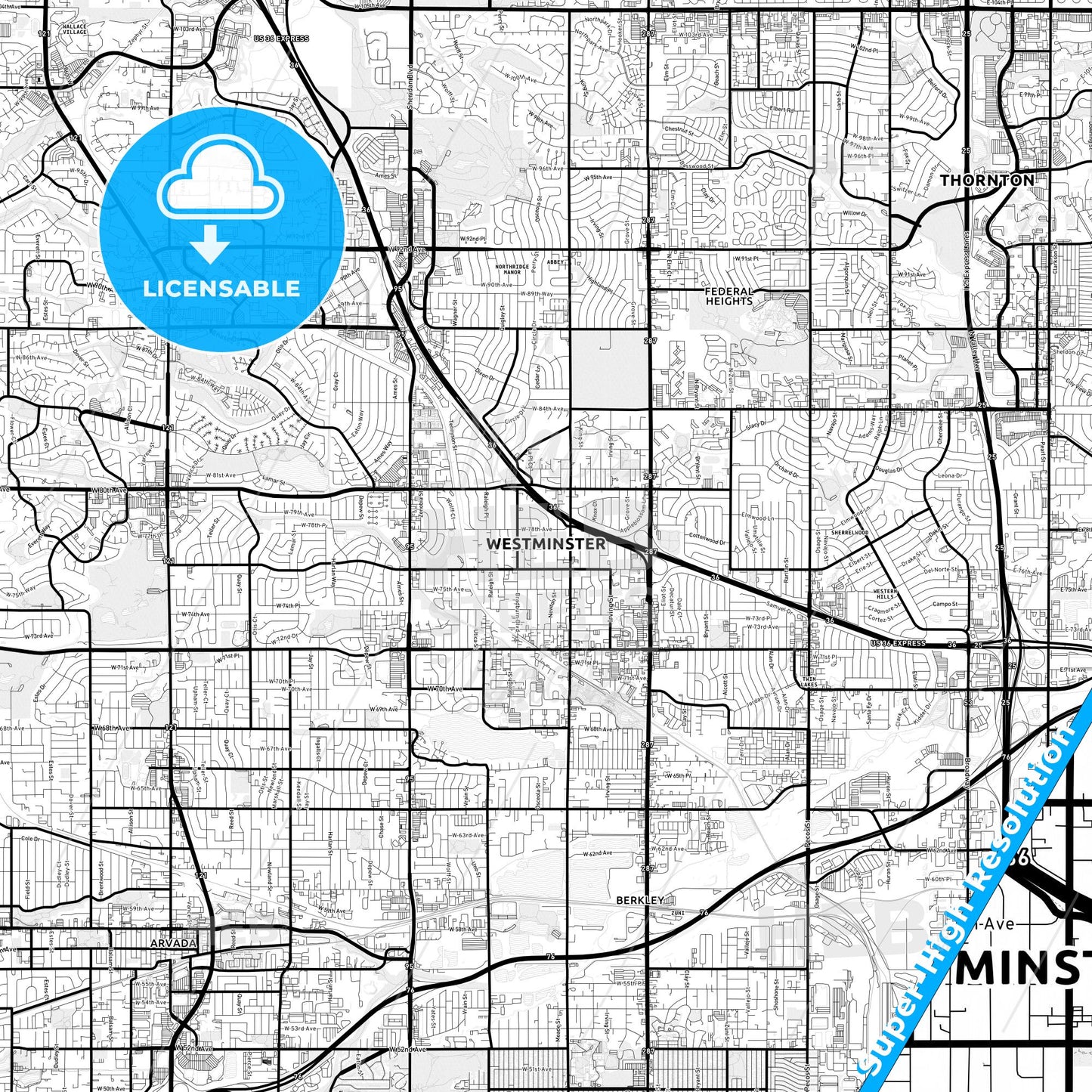 Westminster, Colorado Light Map with Street Names, City Names, and Districts
