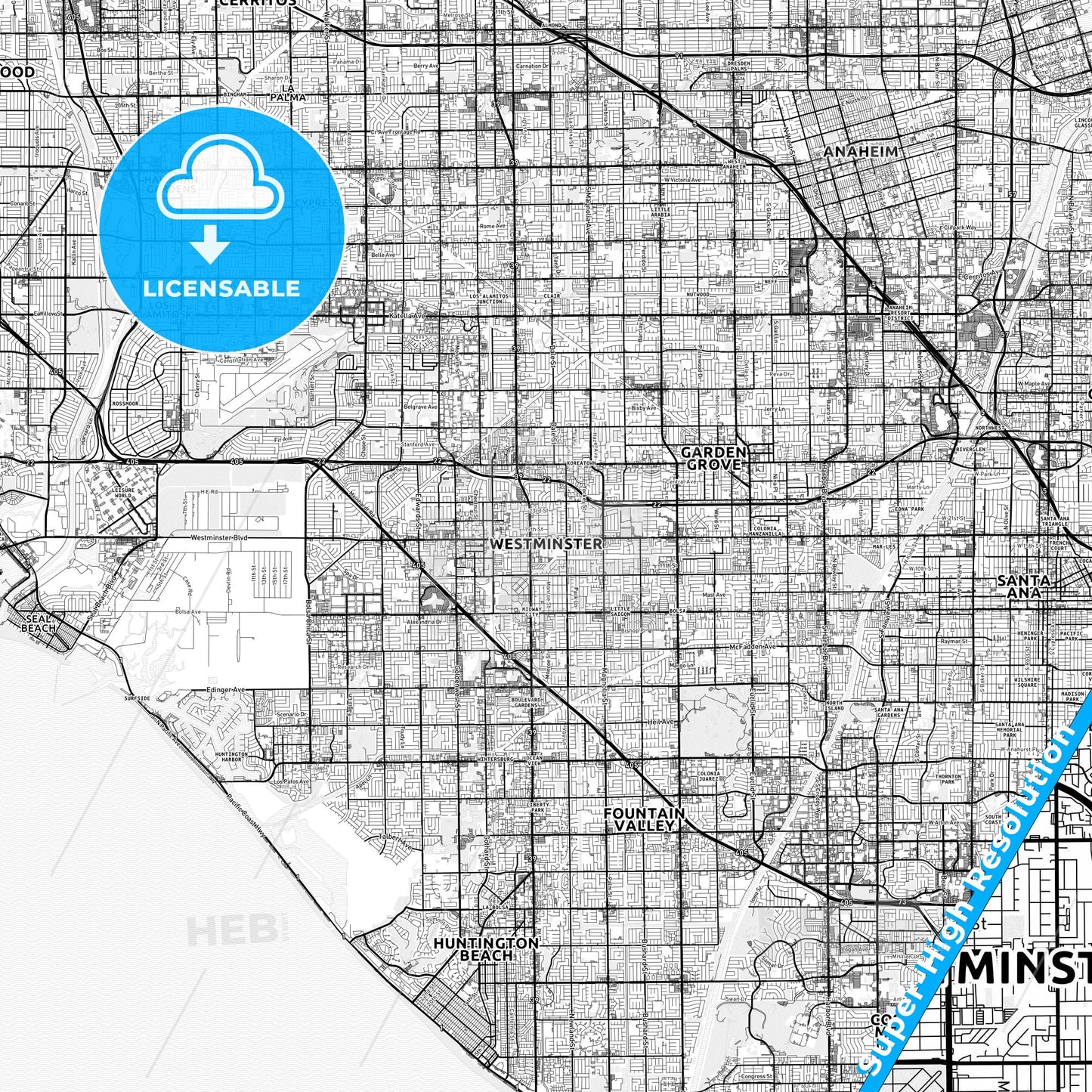 Westminster, California light map with streetnames, citynames and districts