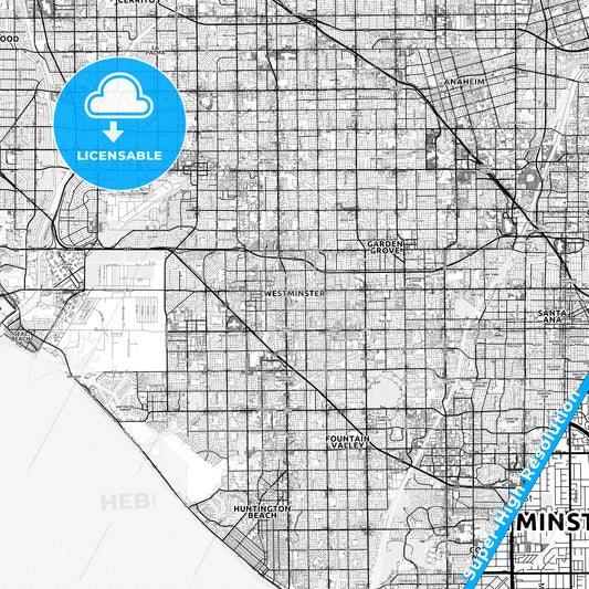 Westminster, California light map with streetnames, citynames and districts