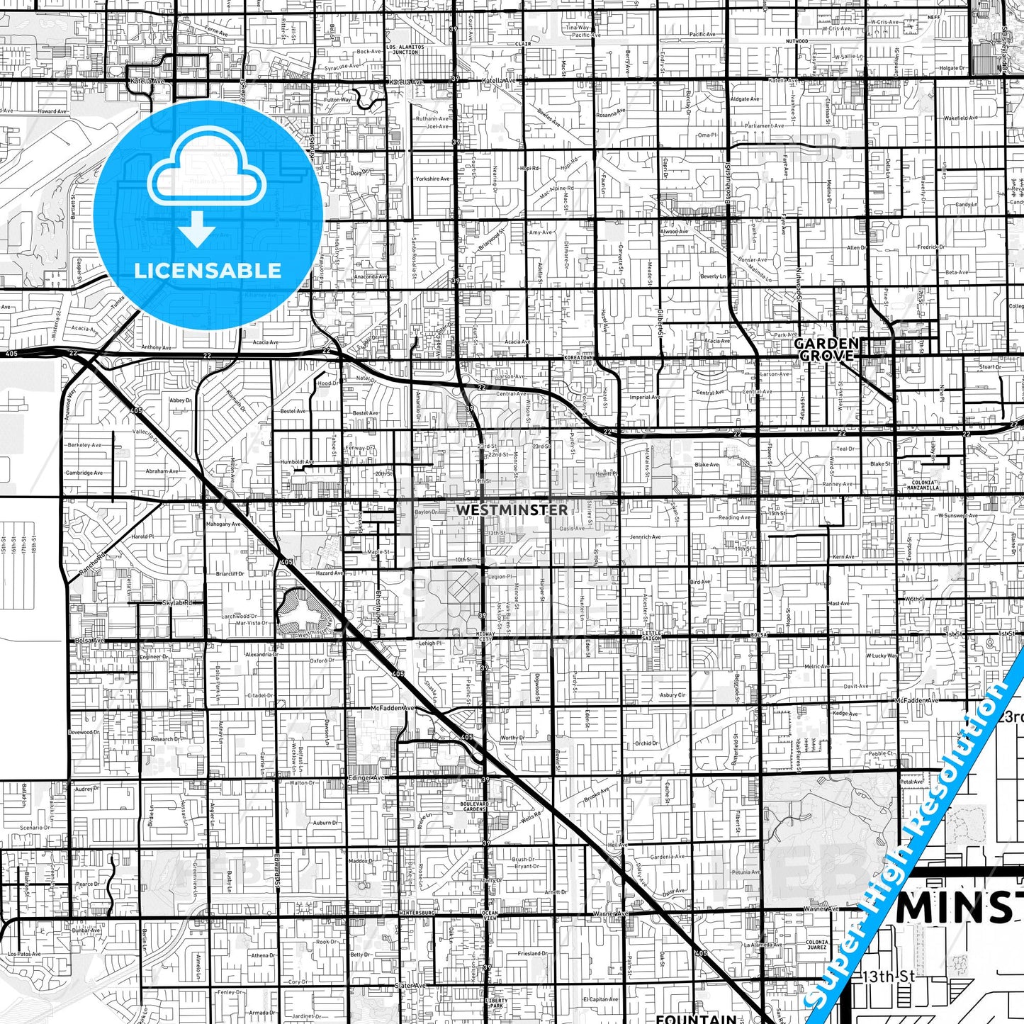 Westminster, California Light Map with Street Names, City Names, and Districts