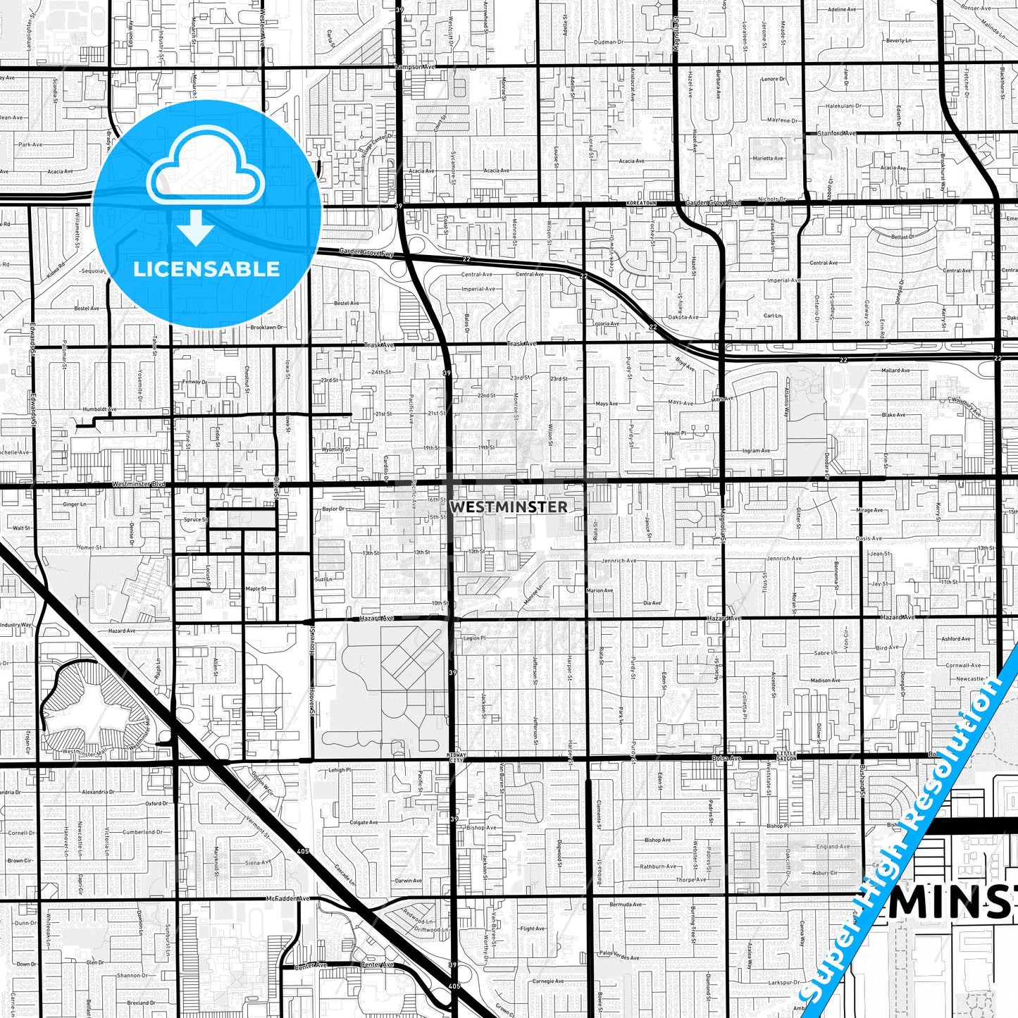 Westminster, California Light Map with Street Names, City Names, and Districts