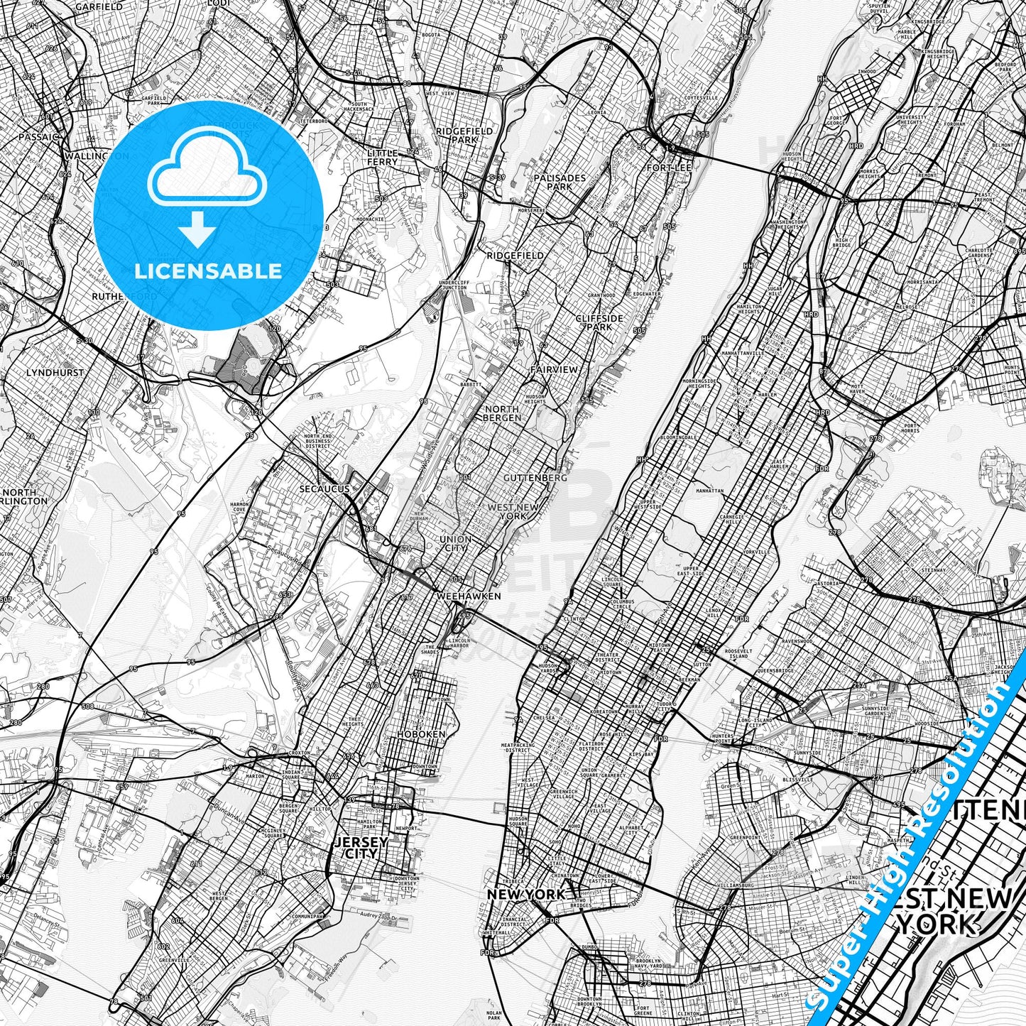 West New York, New Jersey light map with streetnames, citynames and districts