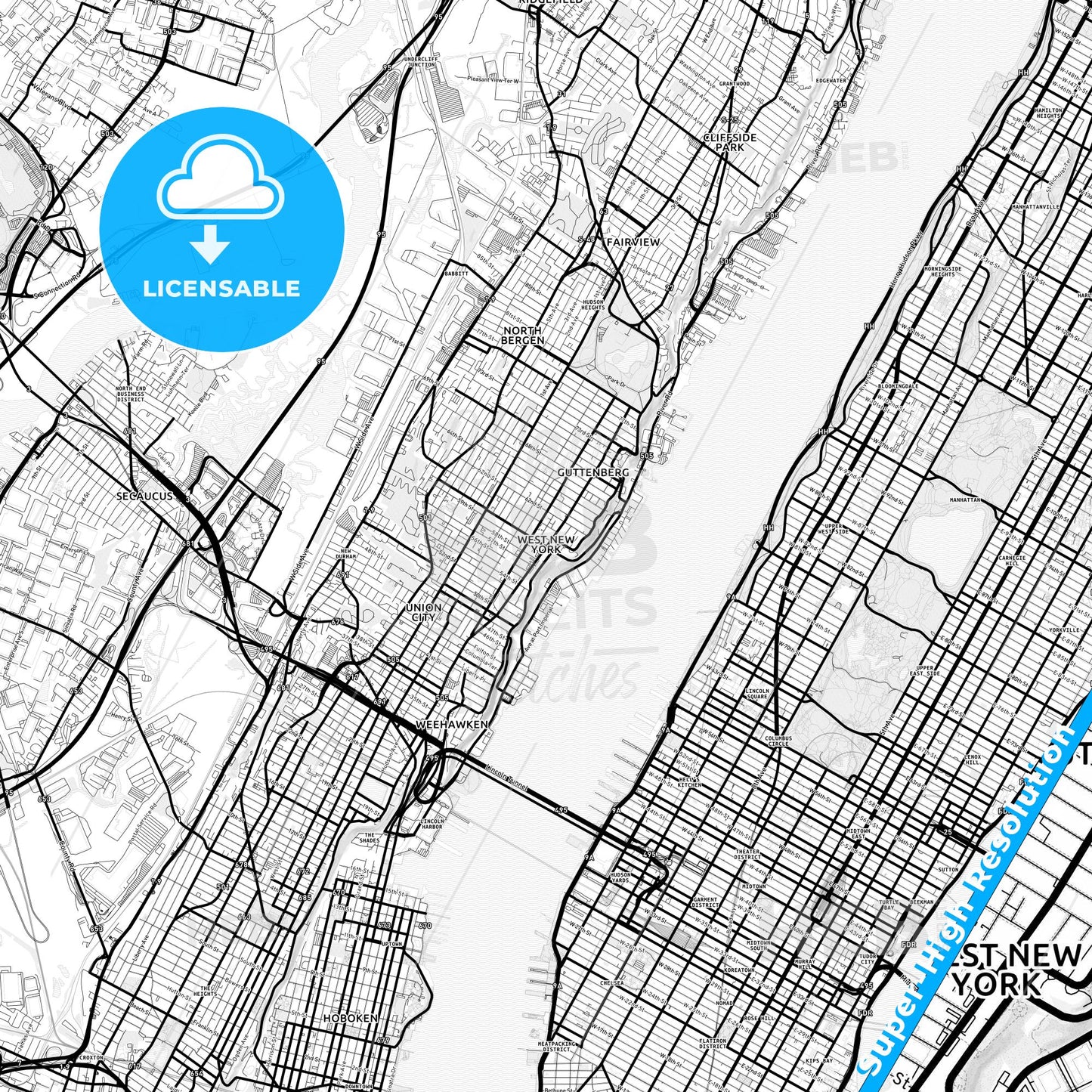 West New York, New Jersey Light Map with Street Names, City Names, and Districts