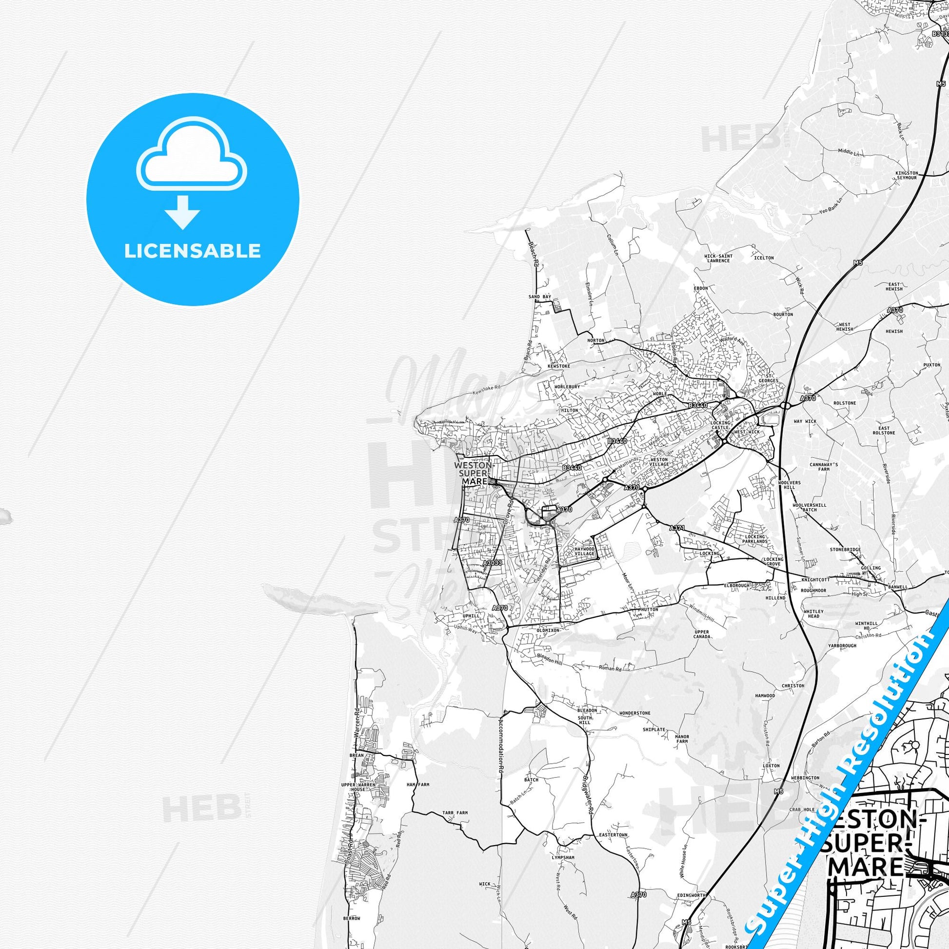 Weston-super-Mare, England light map with streetnames, citynames and districts