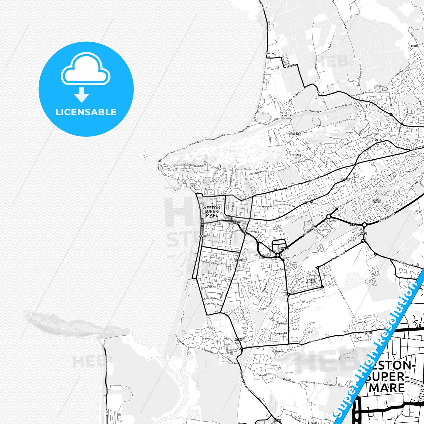 Weston-super-Mare, England Light Map with Street Names, City Names, and Districts
