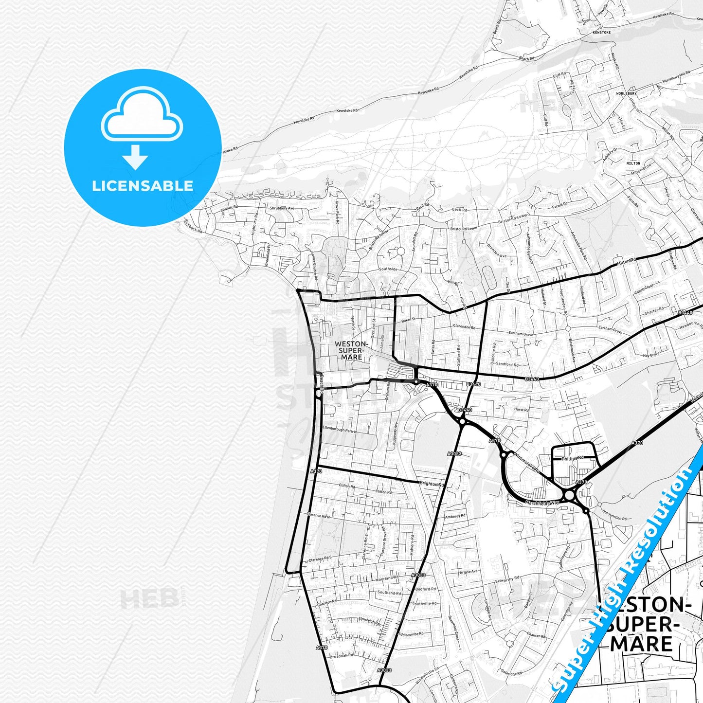 Weston-super-Mare, England Light Map with Street Names, City Names, and Districts