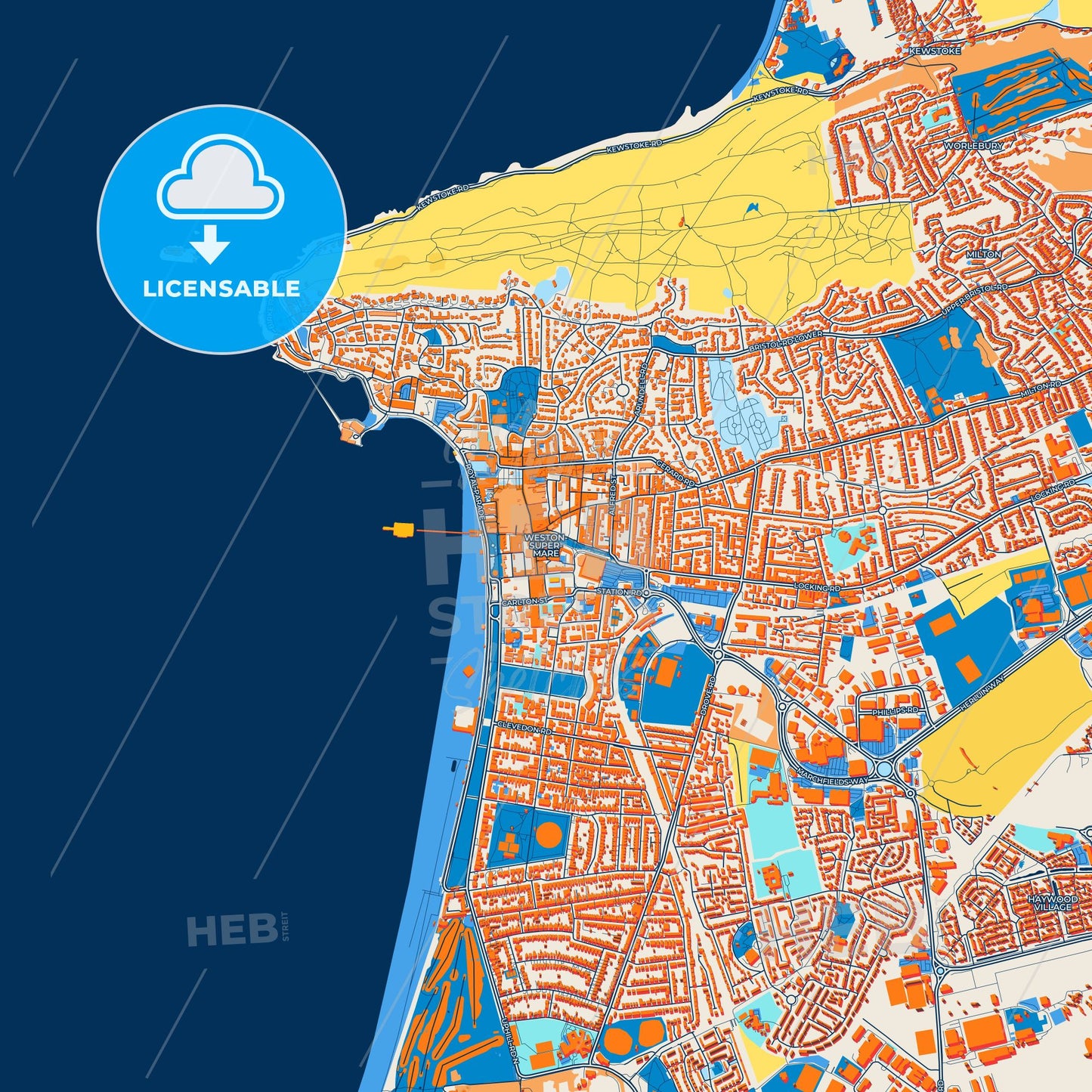 Colorful Weston-super-Mare Street Map with Labels and Buildings